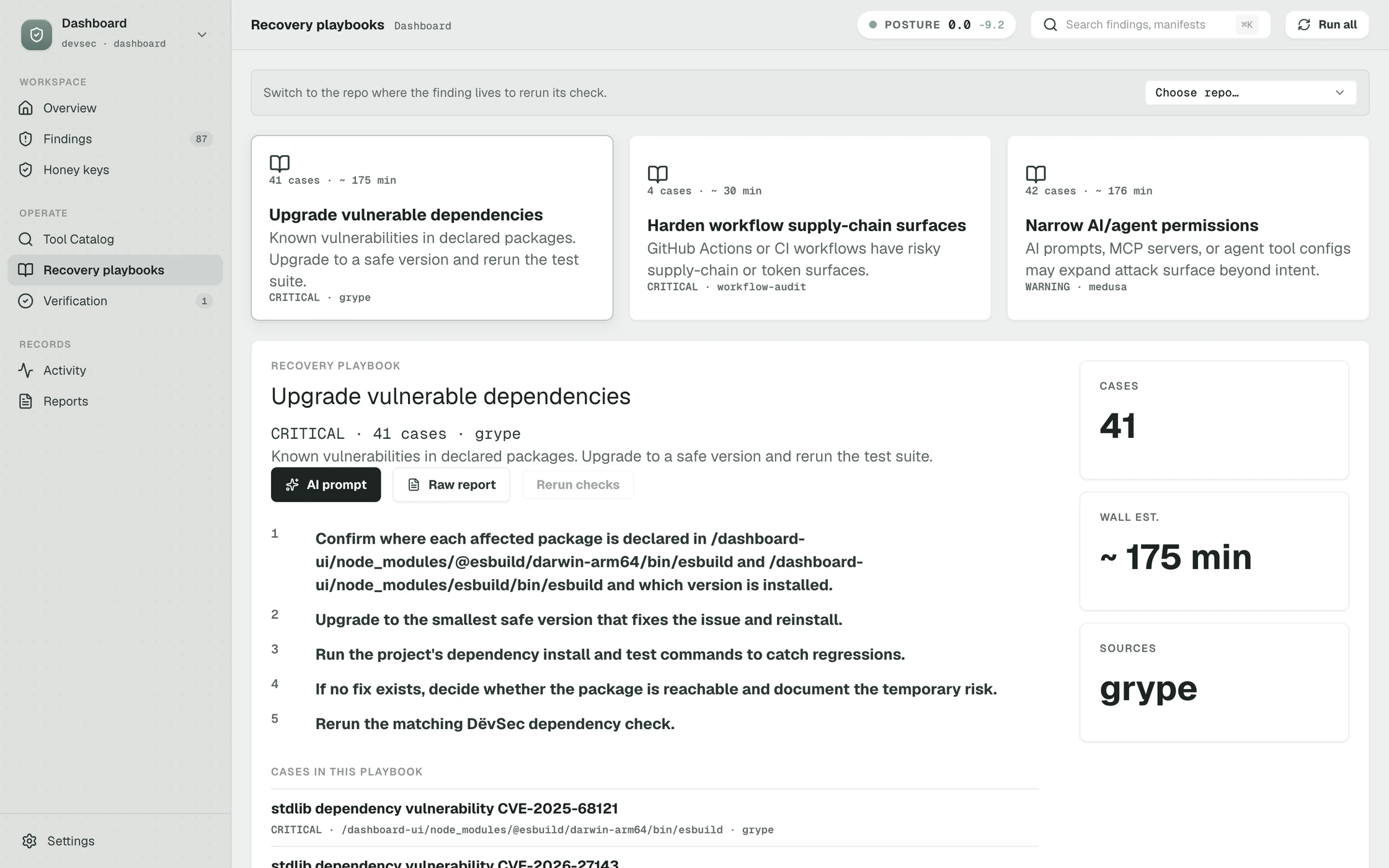 Recovery playbooks: three playbook cards, Upgrade vulnerable dependencies with 41 cases and about 175 minutes, Harden workflow supply-chain surfaces with 4 cases, Narrow AI/agent permissions with 42 cases. The first is open, showing five numbered steps, an AI prompt button and side cards for 41 cases, about 175 minutes, and the source scanner grype.