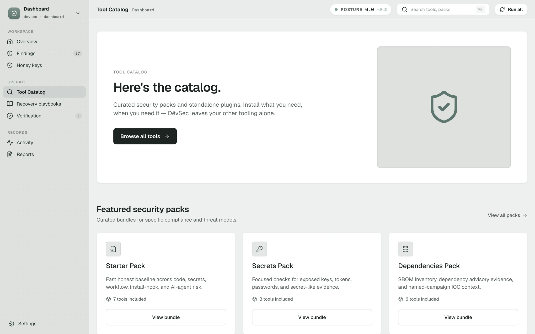 The Tool Catalog: a hero reading Here's the catalog, with curated security packs and standalone plugins, and three featured packs beneath it: Starter with 7 tools, Secrets with 3, Dependencies with 6.