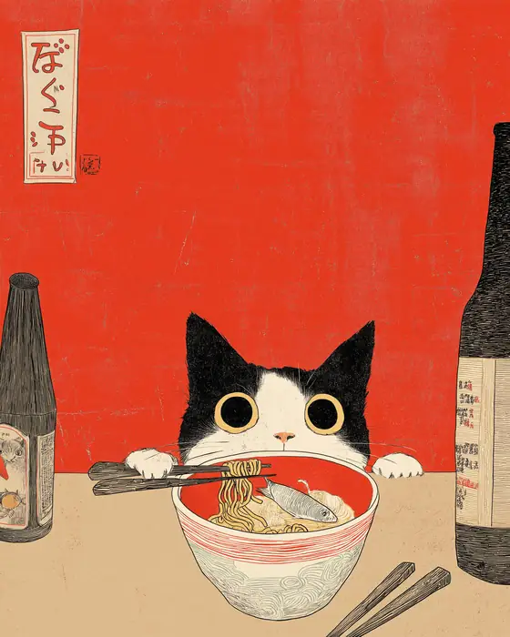 Cat, ramen, retro print