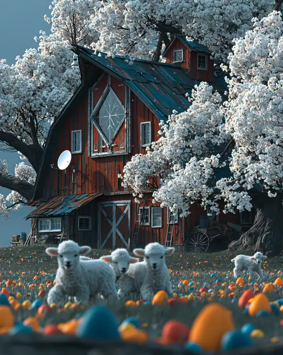 Barn, lambs, blossom